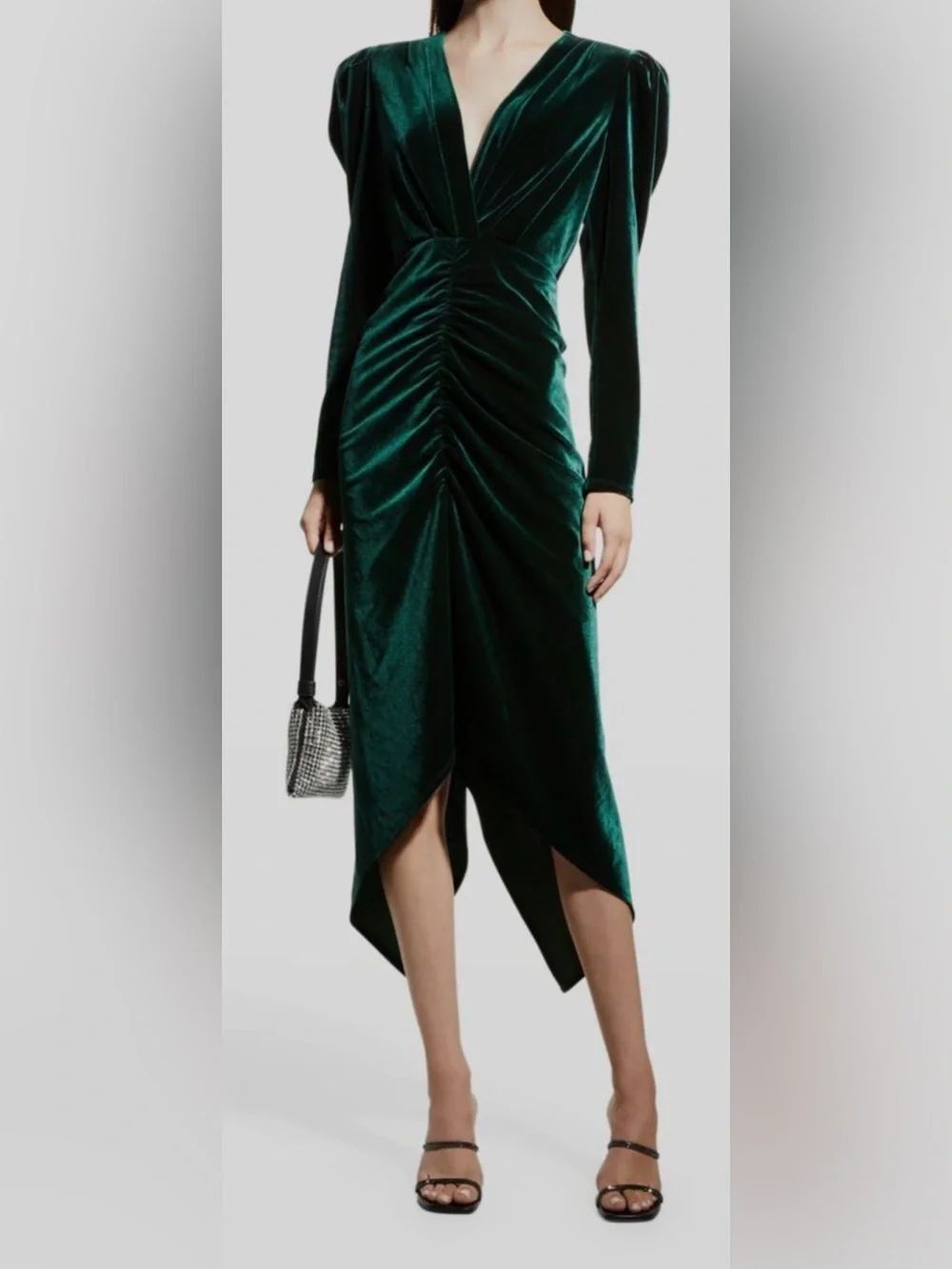 Ronny Kobo Collection Emerald Green Velvet Ruched Midi Dress $598